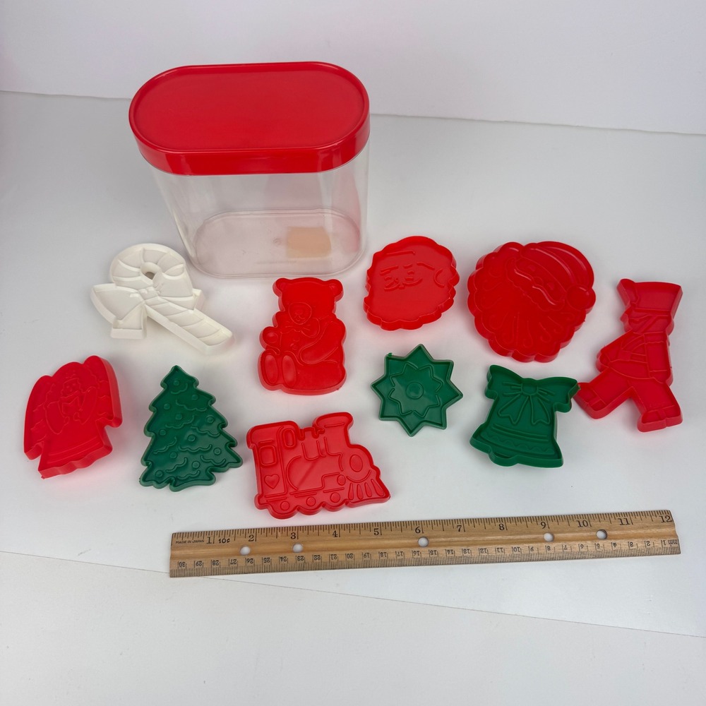 Vtg 10 Plastic Flat Christmas Cookie Cutters w‎ Clear Container Lid Hong Kong
